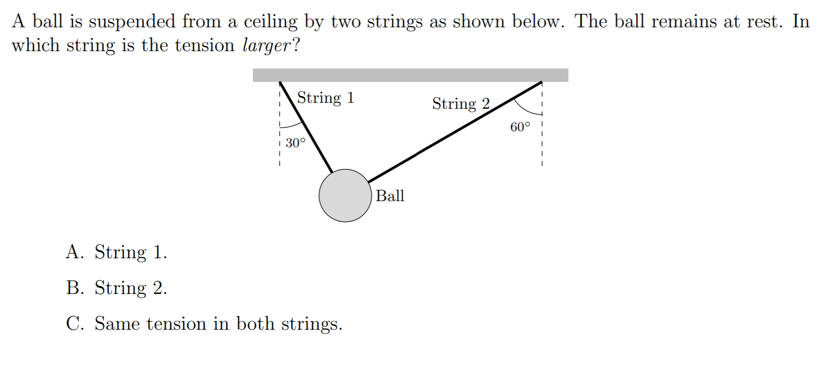 Solved A ball is suspended from a ceiling by two strings as | Chegg.com