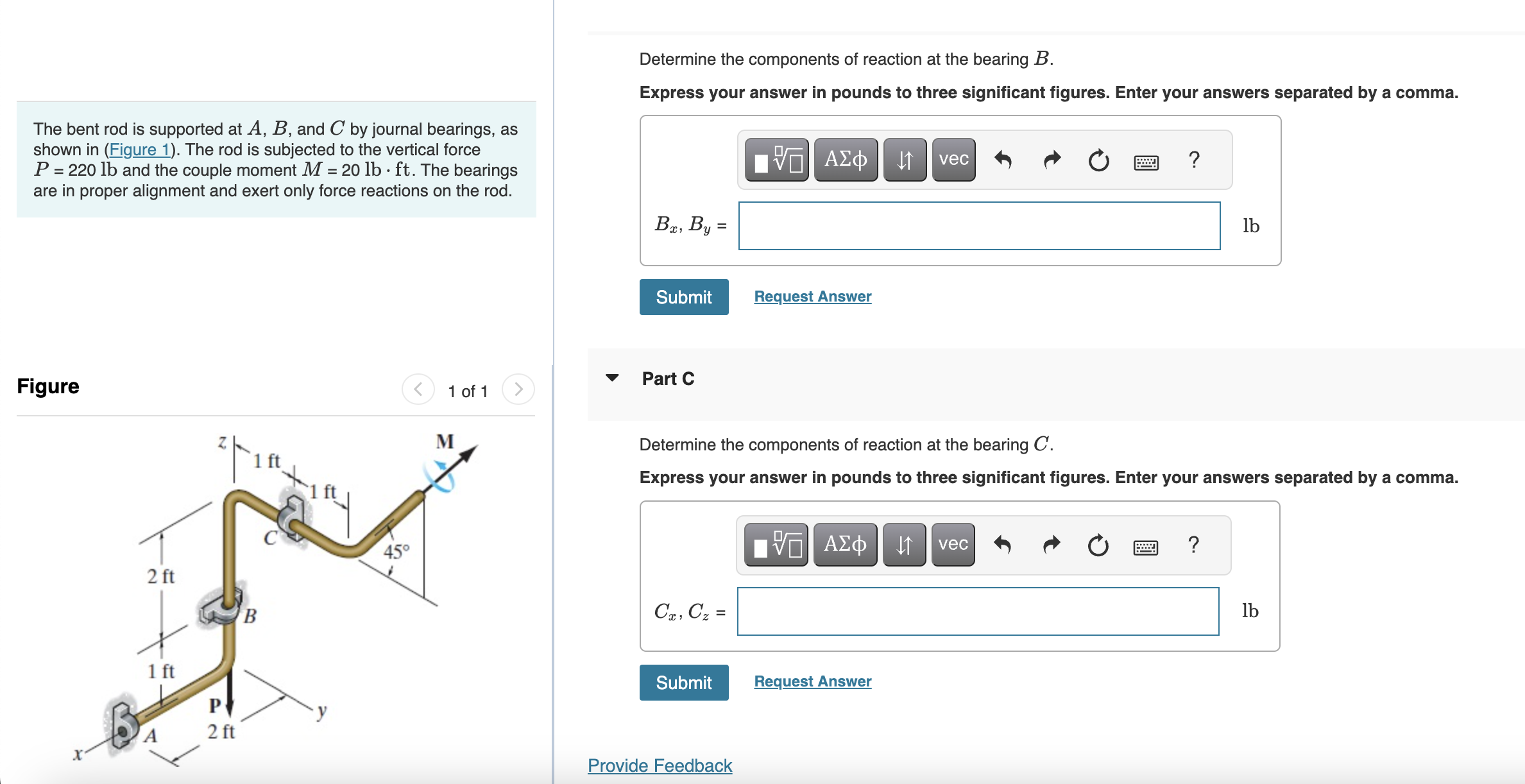 Solved The bent rod is supported at A,B, and C by journal | Chegg.com