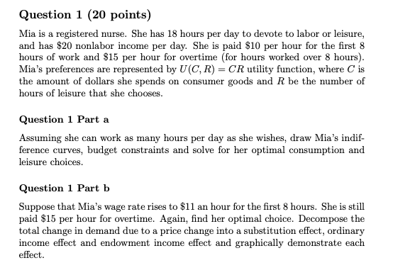 Question 1 (20 points)
Mia is a registered nurse. She has 18 hours per day to devote to labor or leisure, and has \( \$ 20 \)