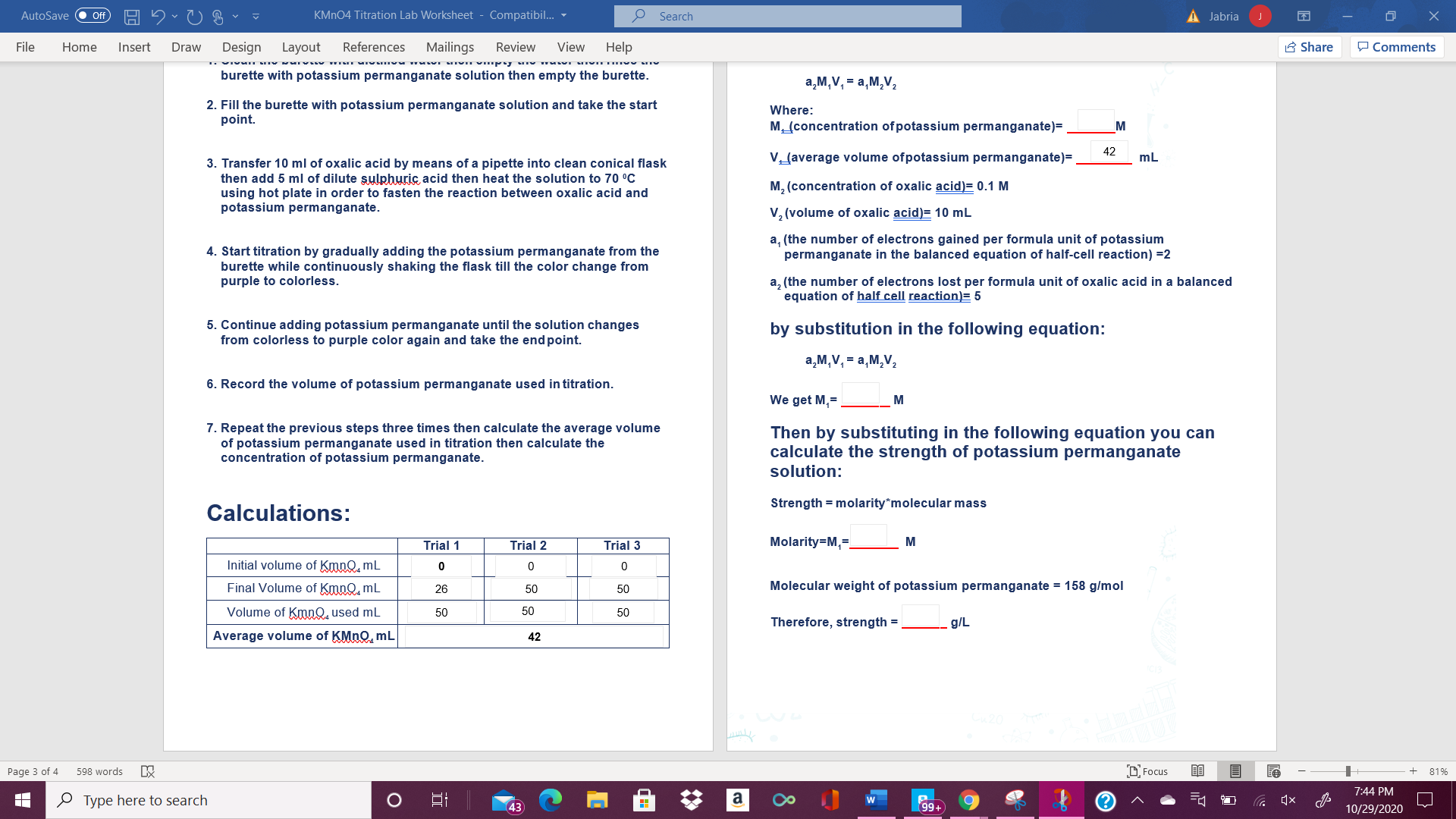 Solved AutoSave Off KMnO4 Titration Lab Worksheet