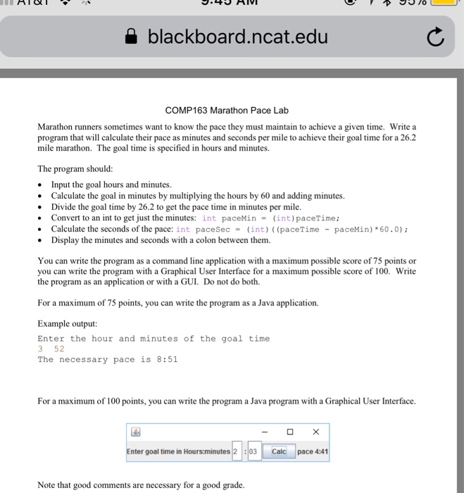 Solved a blackboard.ncat.edu COMP163 Marathon Pace Lab