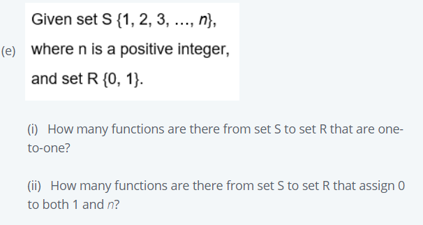 Solved Given set S{1, 2, 3, ..., n}, (e) where n is a | Chegg.com