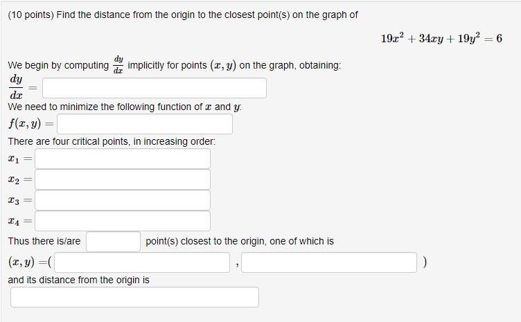 Solved (10 points) Find the distance from the origin to the | Chegg.com