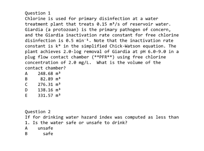 Solved Question 1 Chlorine Is Used For Primary Disinfection 0716