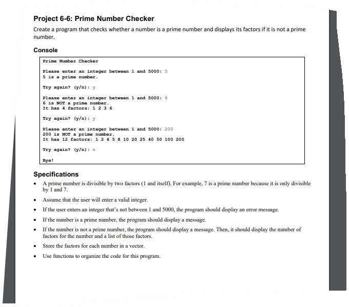 Solved Project 6-6: Prime Number Checker Create a program | Chegg.com