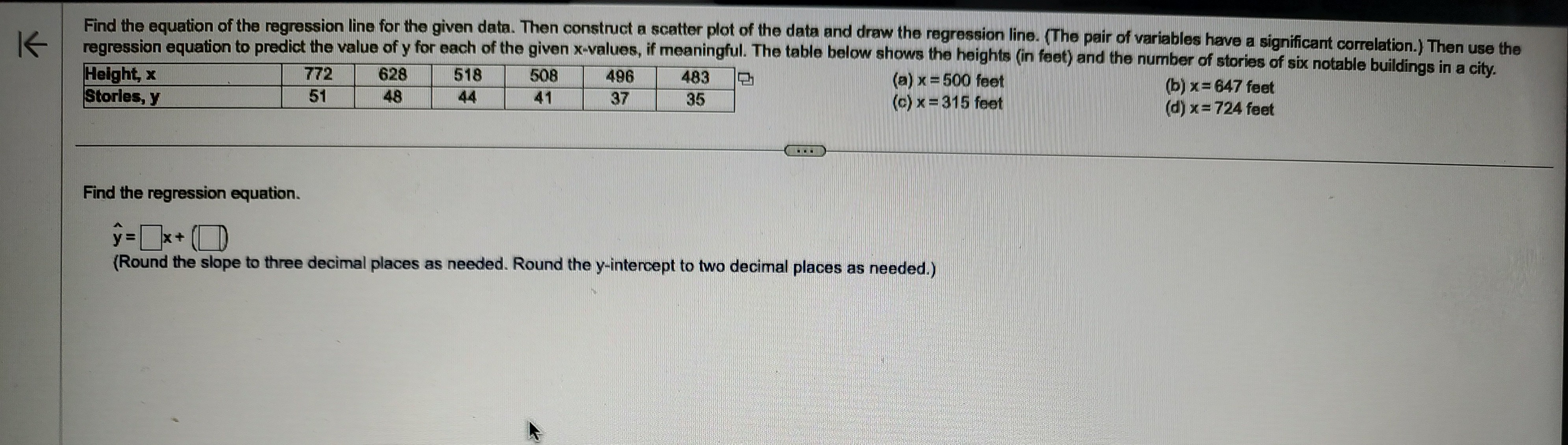 Solved Find the equation of the regression line for the | Chegg.com
