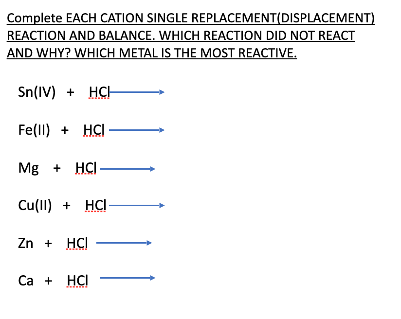 Solved Complete EACH CATION SINGLE REPLACEMENT(DISPLACEMENT) | Chegg.com