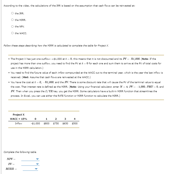 Solved According to the video, the calculations of the IRR | Chegg.com