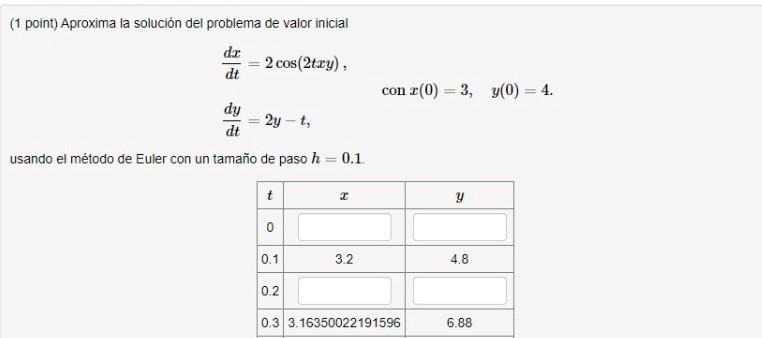 (1 point) Aproxima la solución del problema de valor inicial dx 2 cos(2try), dt dy 2y-t, dt usando el método de Euler con un