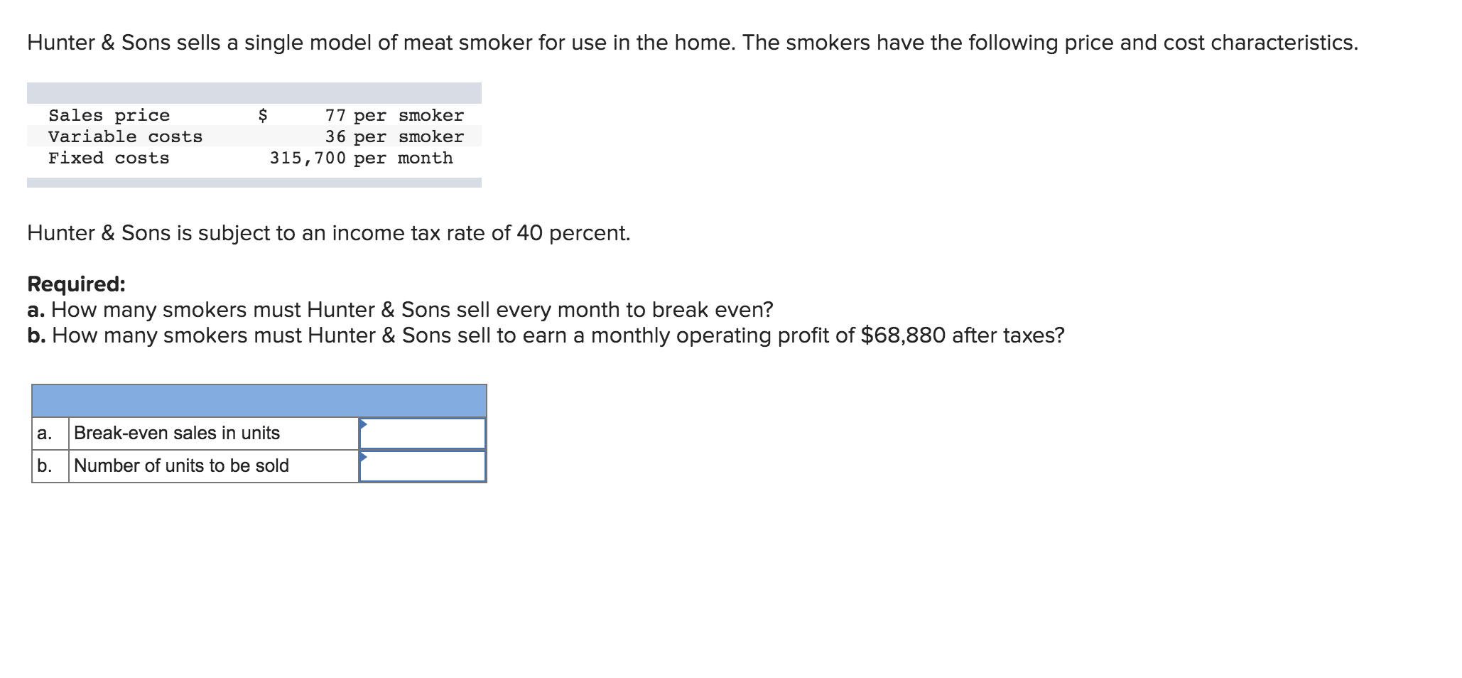 Solved Hunter & Sons sells a single model of meat smoker for