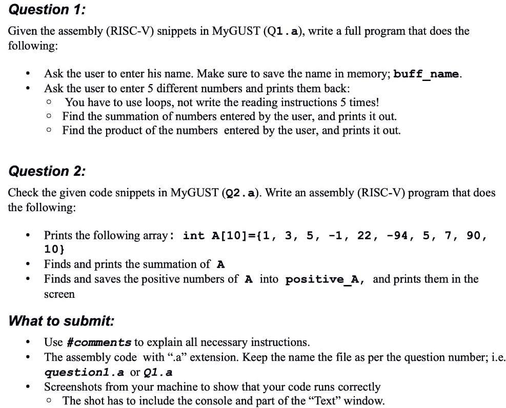 Solved Question 1: Given The Assembly (RISC-V) Snippets In | Chegg.com