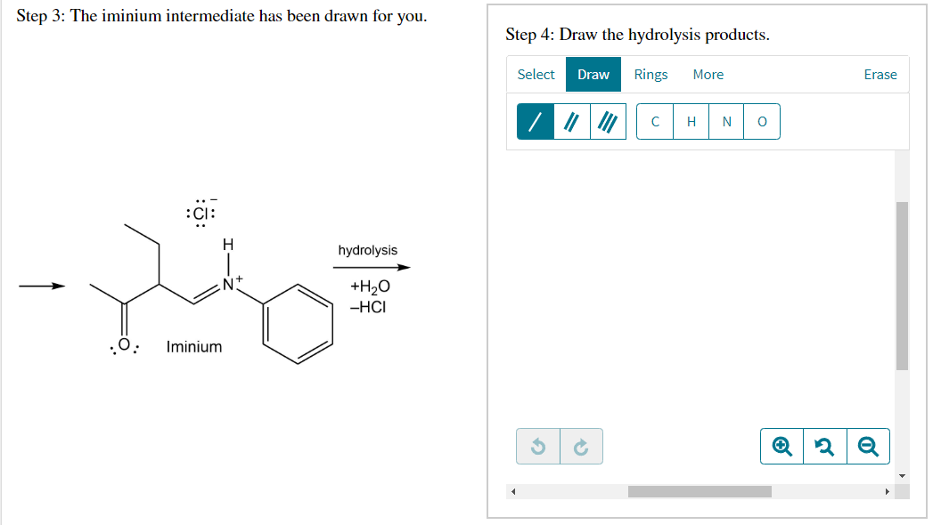 Step 3: The iminium intermediate has been drawn for you.
-26=
Iminium
hydrolysis
+H?O
-HCI
Step 4: Draw the hydrolysis produc