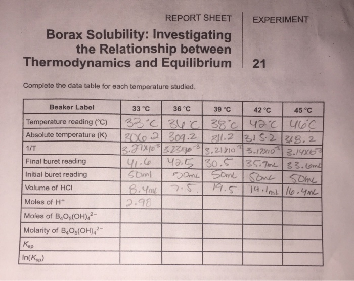 REPORT SHEET EXPERIMENT Borax Solubility: | Chegg.com