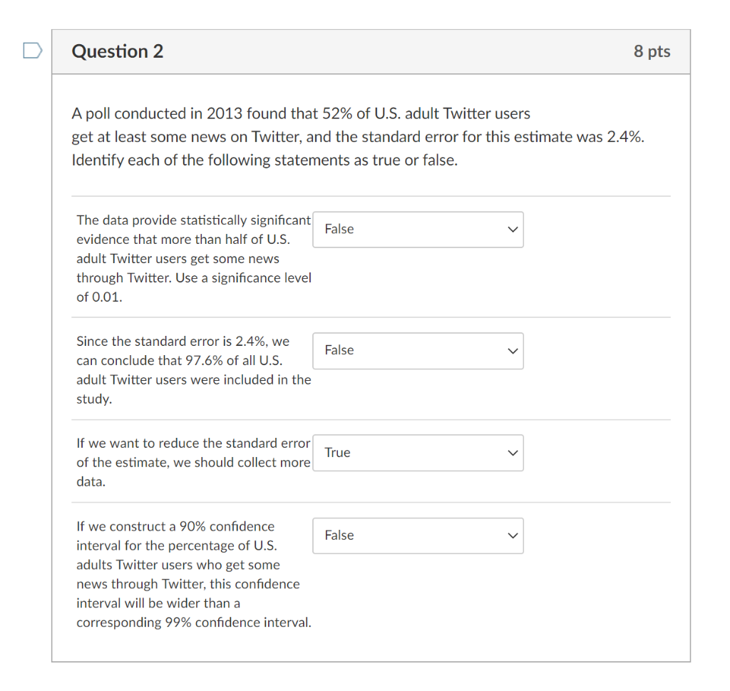 Solved Question 2 8 pts A poll conducted in 2013 found that | Chegg.com