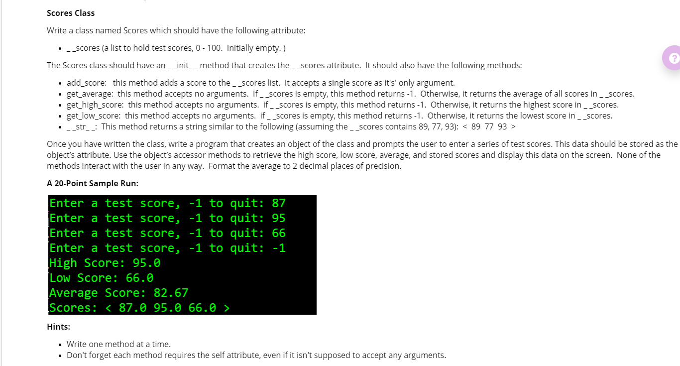 The Score Method Python Solved Scores Class Write a class named Scores which should | Chegg.com