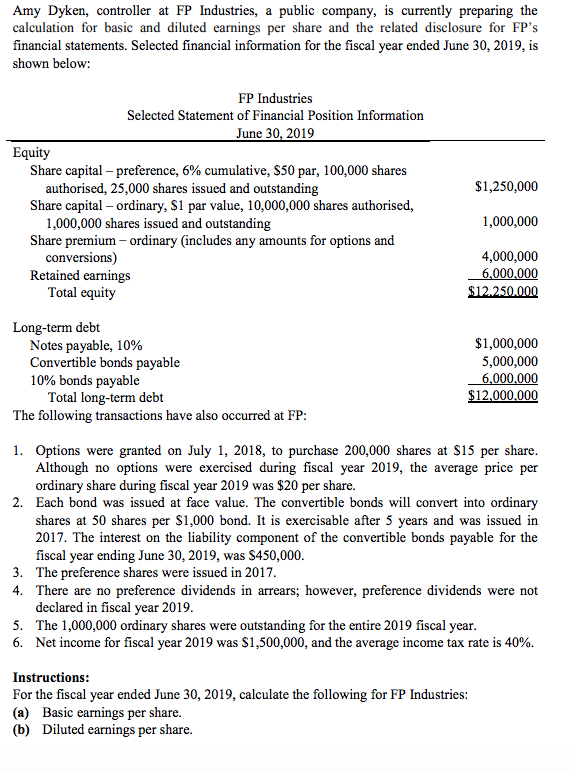 Solved Amy Dyken, controller at FP Industries, a public | Chegg.com