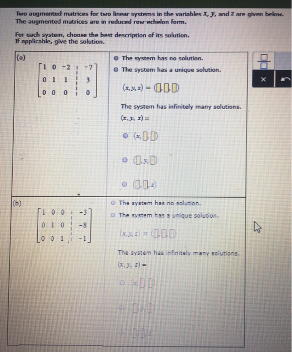 Solved Two augmented matrices for two linear systems in the | Chegg.com