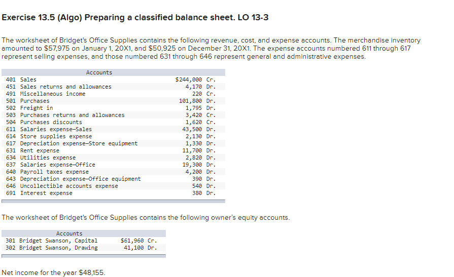 Solved Exercise 13.5 (Algo) Preparing a classified balance | Chegg.com