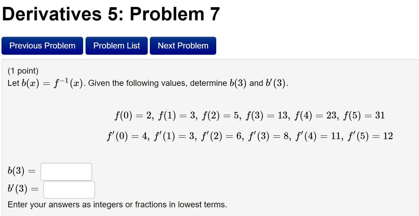 Solved ( 1 Point) Let B(x)=f−1(x). Given The Following | Chegg.com