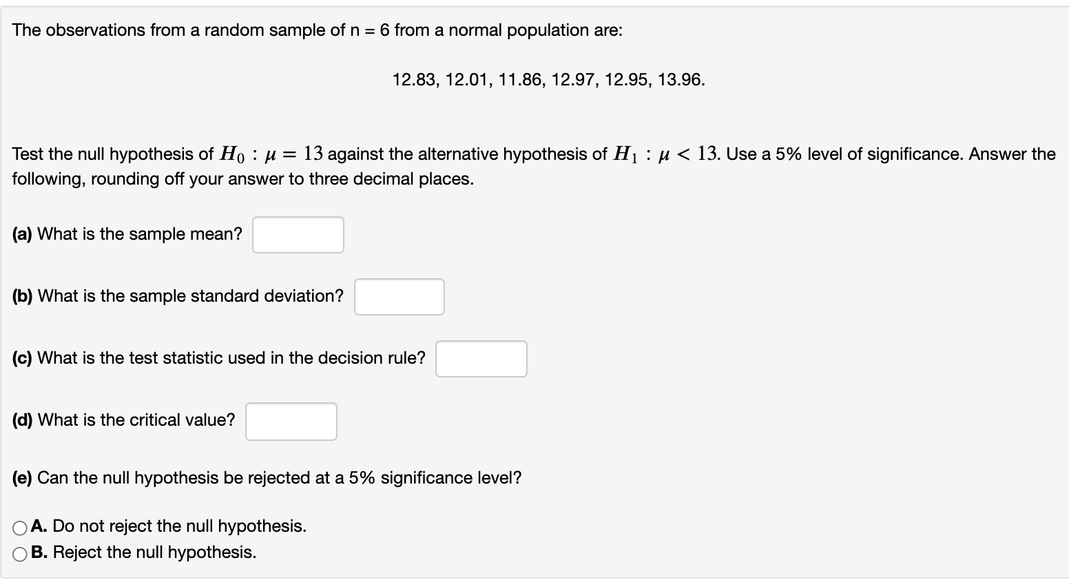 Solved The observations from a random sample of n = 6 from a | Chegg.com