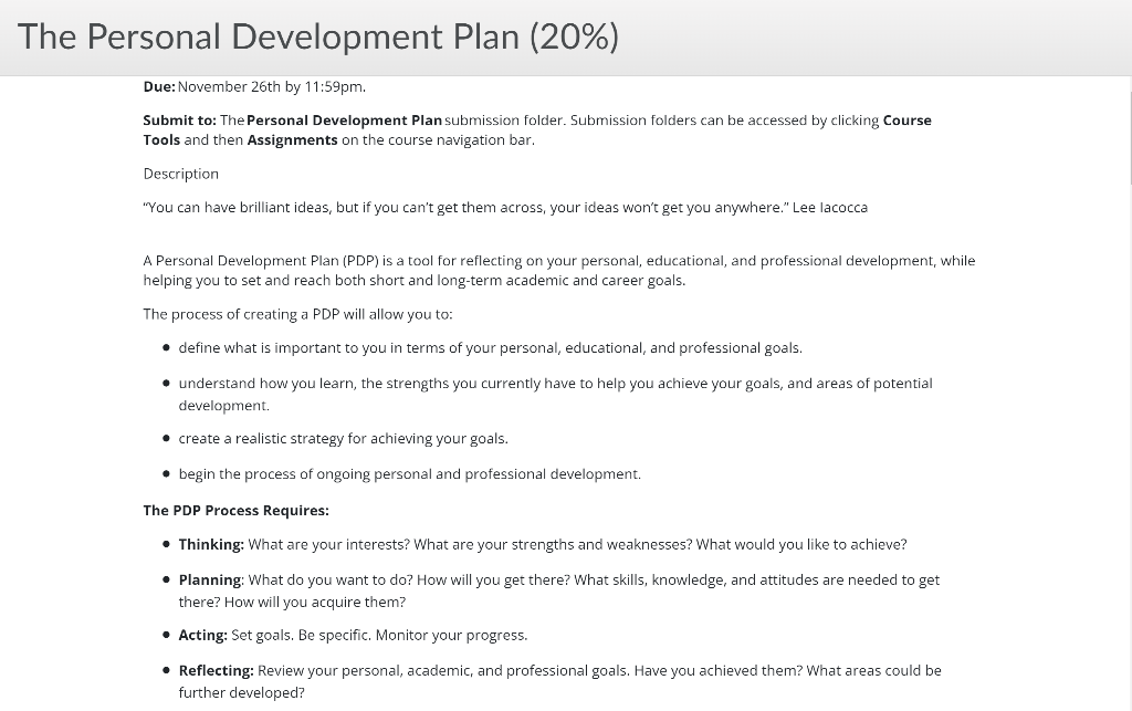 Solved The Personal Development Plan (20%) Due: November