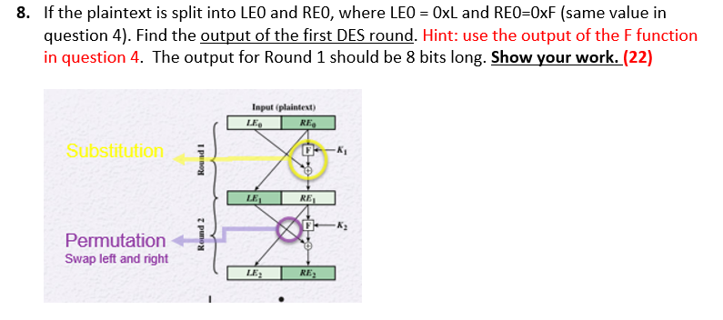 Solved 8. If the plaintext is split into LEO and REO, where | Chegg.com