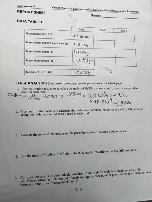 Solved Experiment 9 Conductometric Titration and Gravimetric