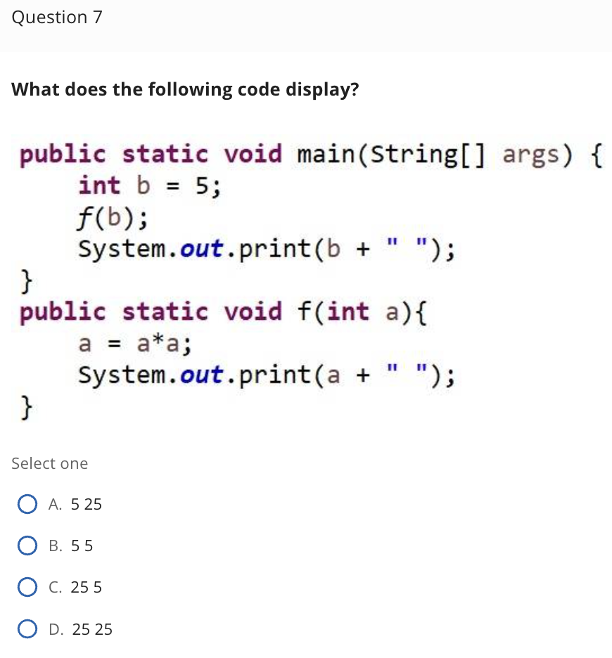 Solved What does the following code display? public static | Chegg.com