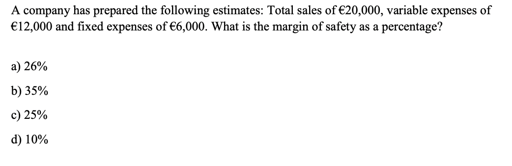 Solved A Company Has Prepared The Following Estimates: Total | Chegg.com