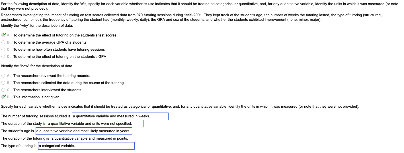 Solved For the following description of data, identify the | Chegg.com