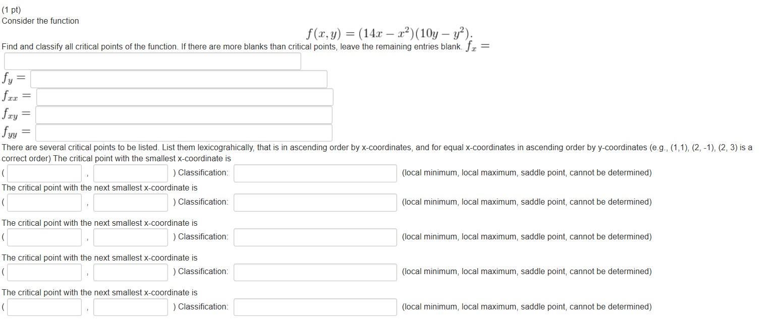 Solved (1 pt) Consider the function f(x,y) = (14x – x2)(10y | Chegg.com