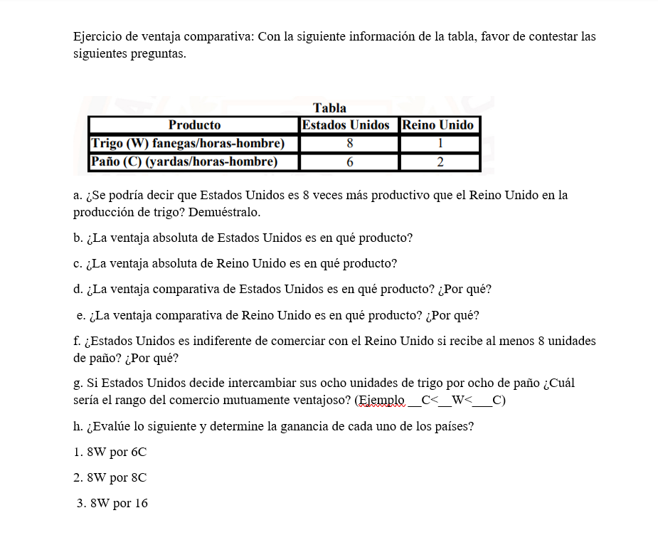 Ejercicio de ventaja comparativa: Con la siguiente información de la tabla, favor de contestar las siguientes preguntas. a. ¿