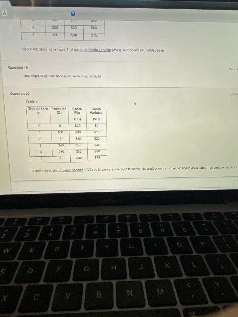 Segùn los datos de la Tabla 1, el costo promedio variable (AvC) al producir 240 unidades es Question 19 Una empresa agricola