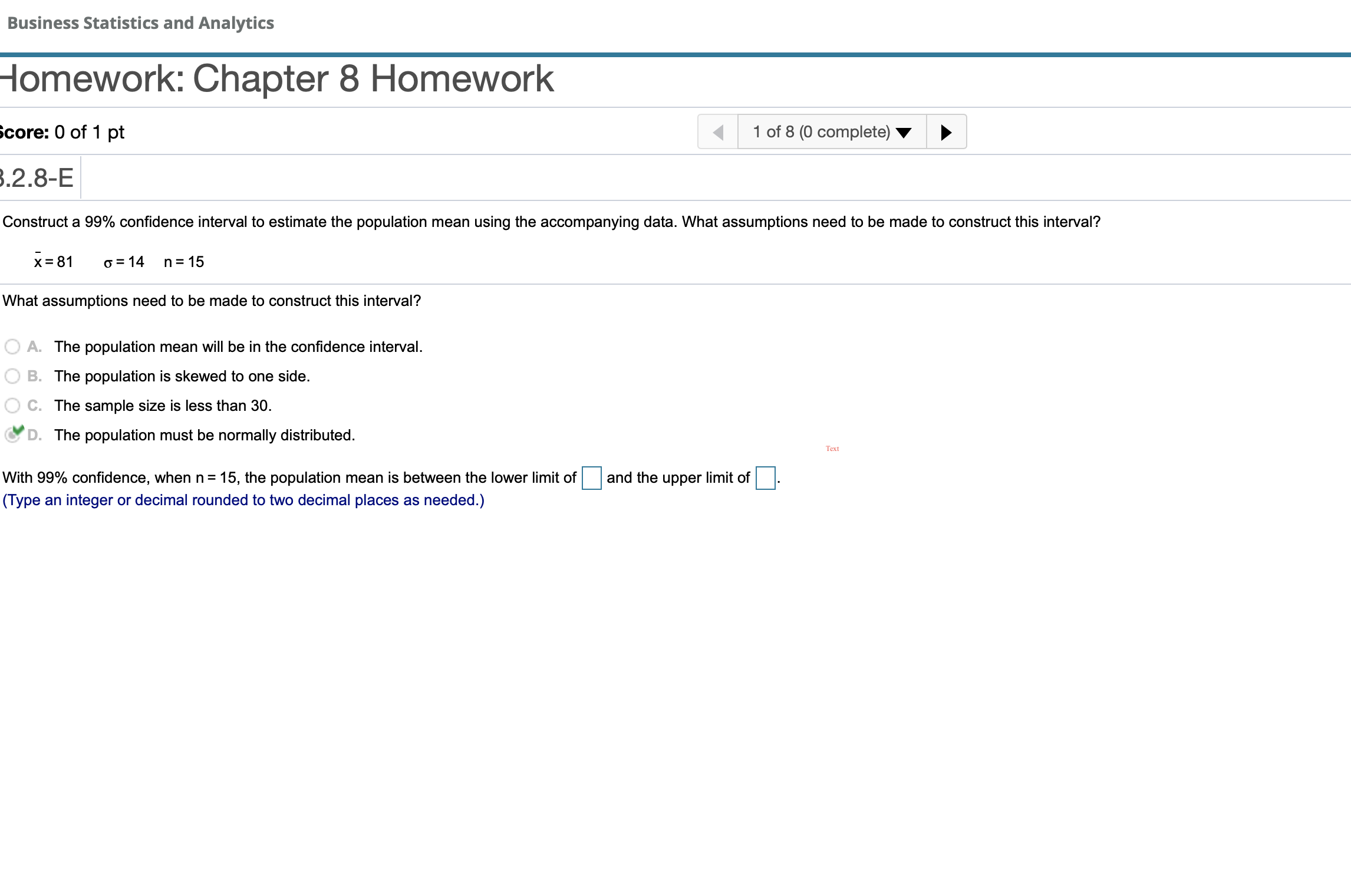 Solved Business Statistics and Analytics Homework: Chapter 8 | Chegg.com