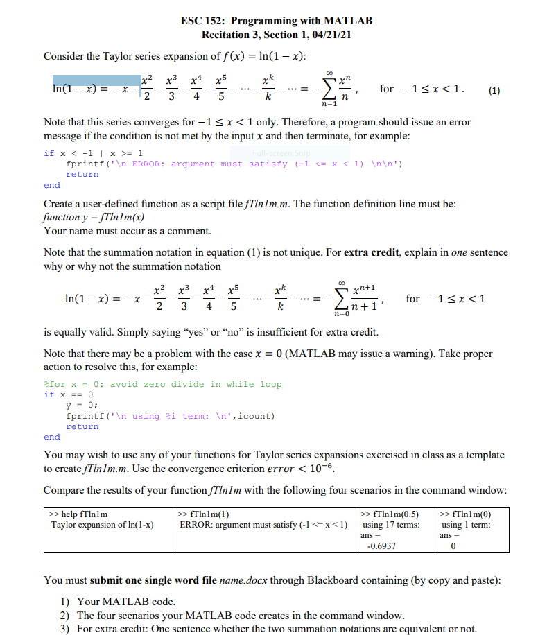 ESC 152: Programming with MATLAB Recitation 3, | Chegg.com