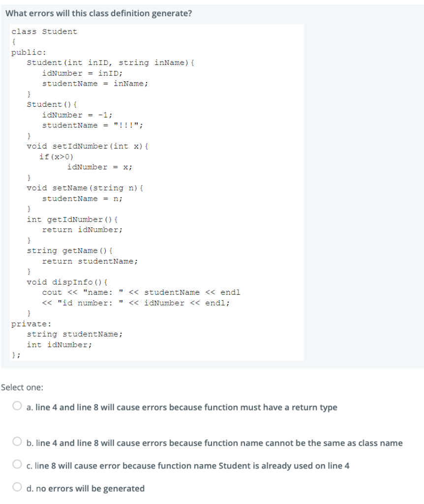 Solved What Errors Will This Class Definition Generate? | Chegg.com