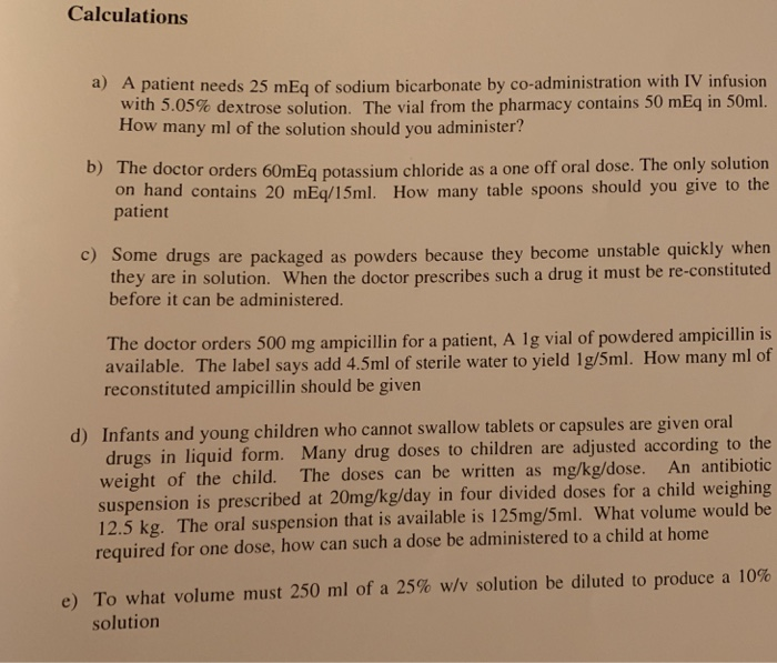 Solved Calculations a) A patient needs 25 mEq of sodium | Chegg.com