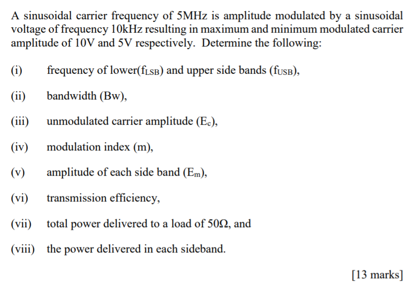 Solved A sinusoidal carrier frequency of 5MHz is amplitude | Chegg.com