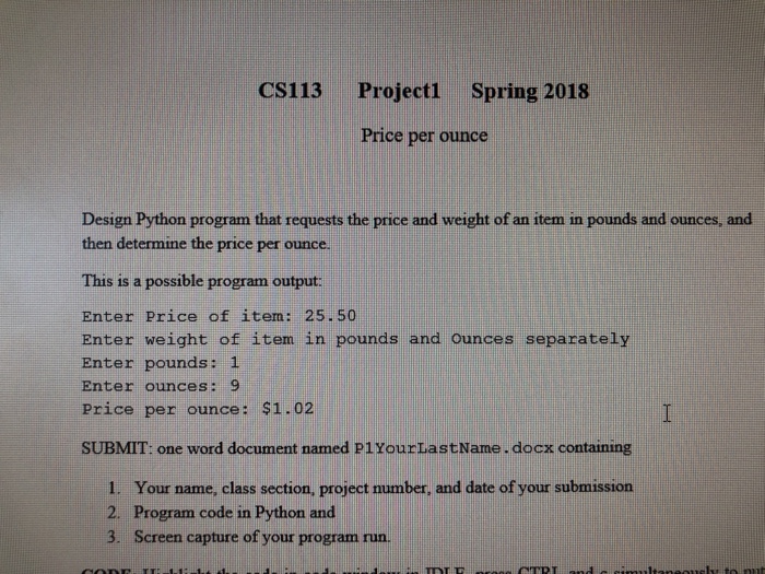 Solved CS113 Projectl Spring 2018 Price per ounce Design | Chegg.com