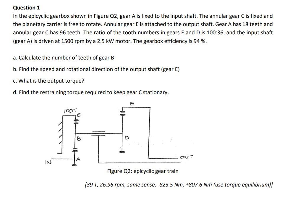 Solved Question 1 In the epicyclic gearbox shown in Figure