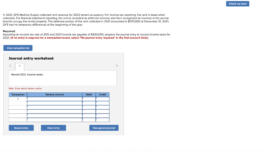 Deferred Rent Sample Workbook Solved Check my work In 2021, DFS Medical Supply collected | Chegg.com