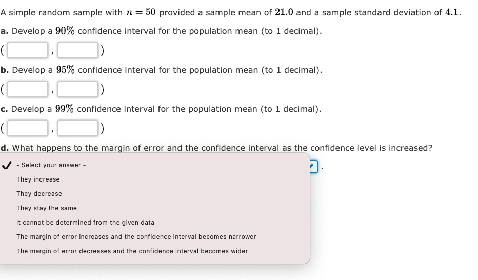 Solved A simple random sample with n = 50 provided a sample | Chegg.com