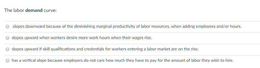 Solved The labor demand curve: O slopes downward because of | Chegg.com