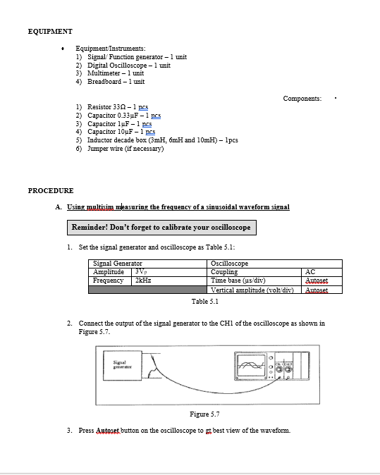 Solved EQUIPMENT Equipment Instruments 1) Signal Function