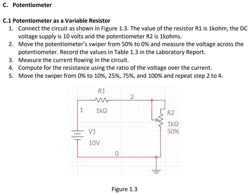 Solved C. Potentiometer C.1 Potentiometer as a Variable