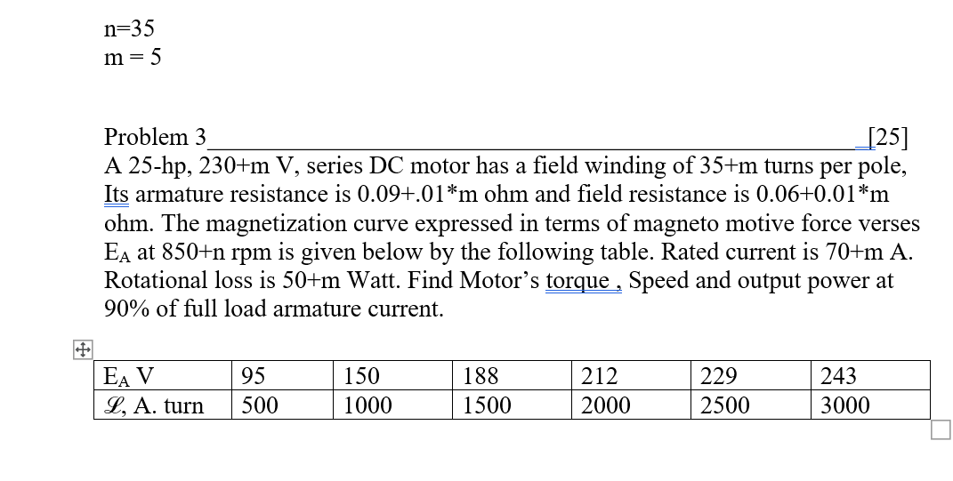 Solved n=35 m = 5 Problem 3 [25] A 25-hp, 230+m V, series DC | Chegg.com