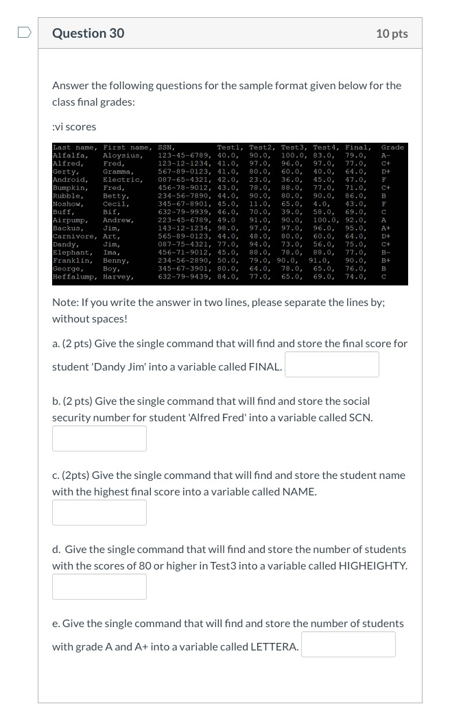 D Question 30 10 pts Answer the following questions | Chegg.com