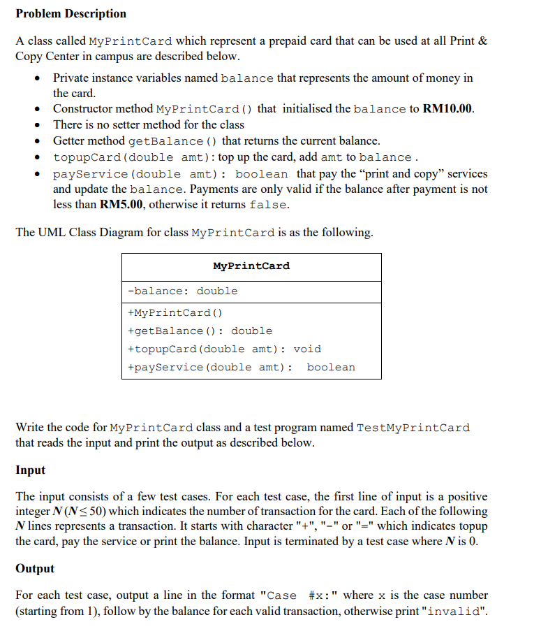 Solved Problem Description A class called MyPrintCard which | Chegg.com