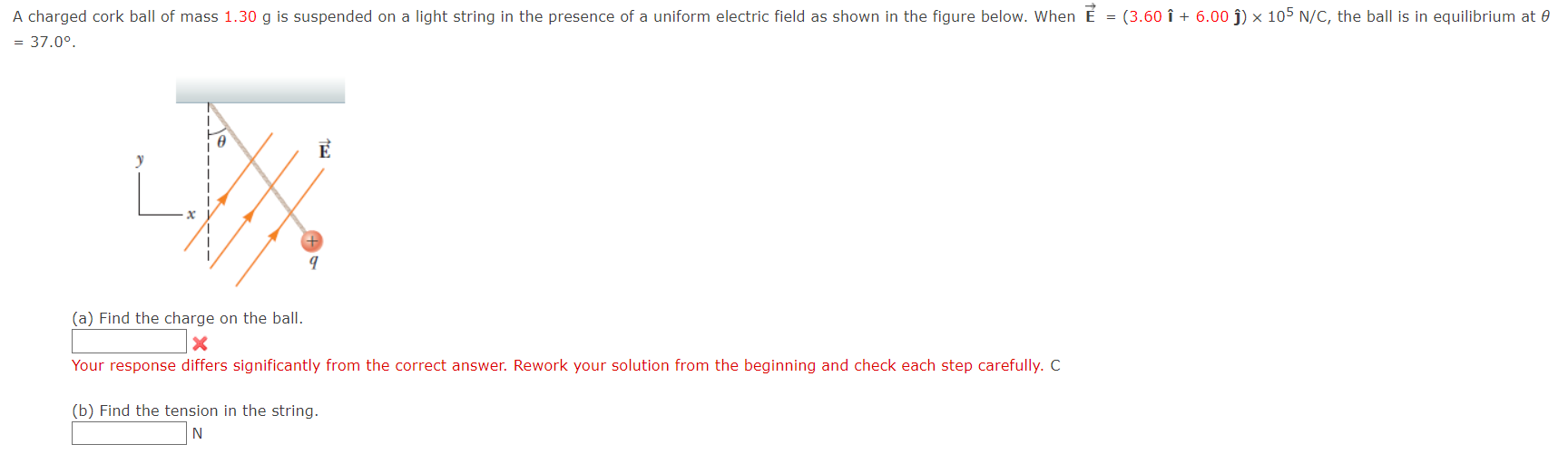 Solved A charged cork ball of mass 1.30 g is suspended on a