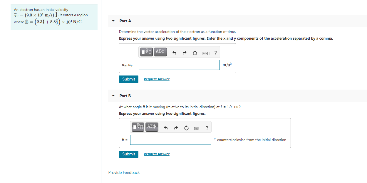 Solved An Electron Has An Initial Velocity Vo 9 0 X 10 Chegg Com